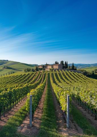 Tuscan Vineyard Landscape Under Blue Sky