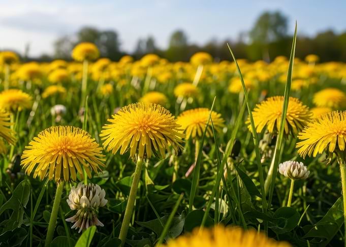 Field of Yellow Dandelions in Bloom
