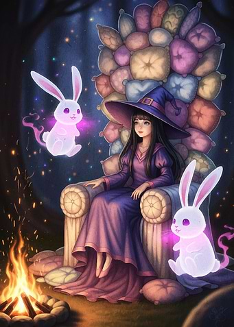 Whimsical Witch with Glowing Rabbits