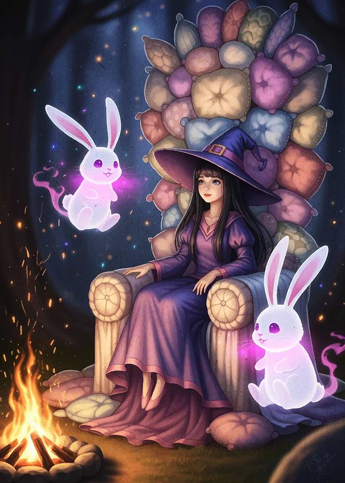 Whimsical Witch with Glowing Rabbits