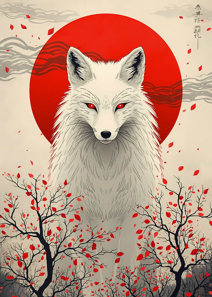 White Fox with Red Sun