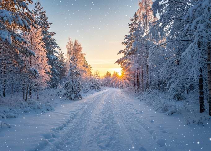 Winter Forest Road at Sunset