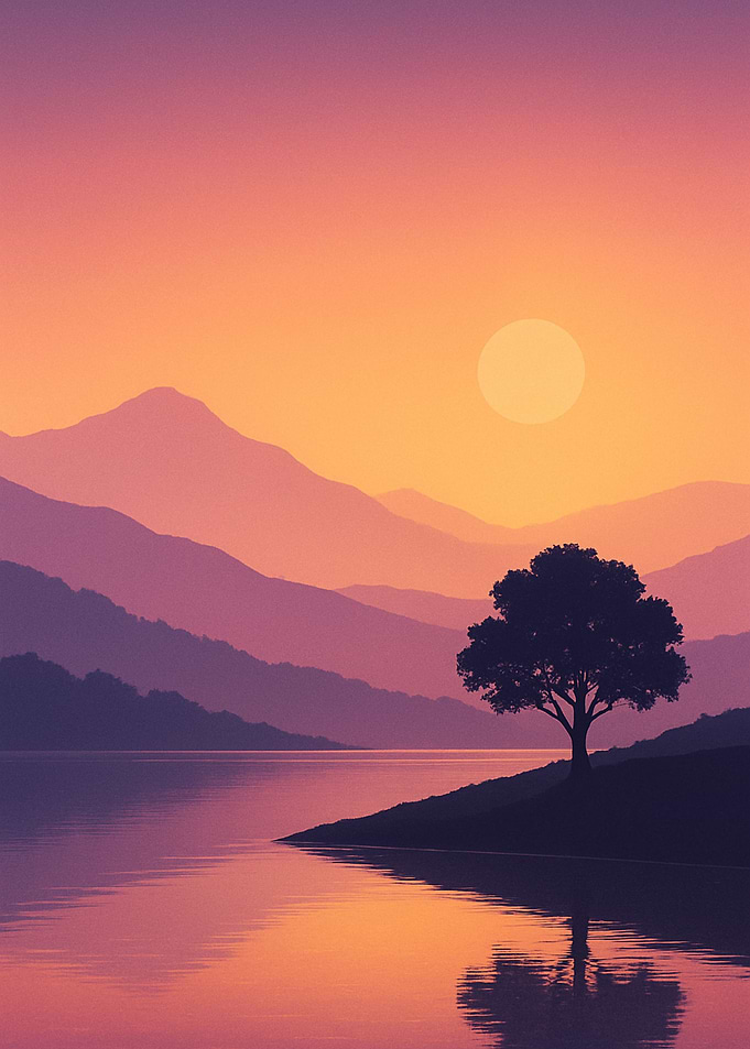 Sunset Lake Landscape with Tree Silhouette