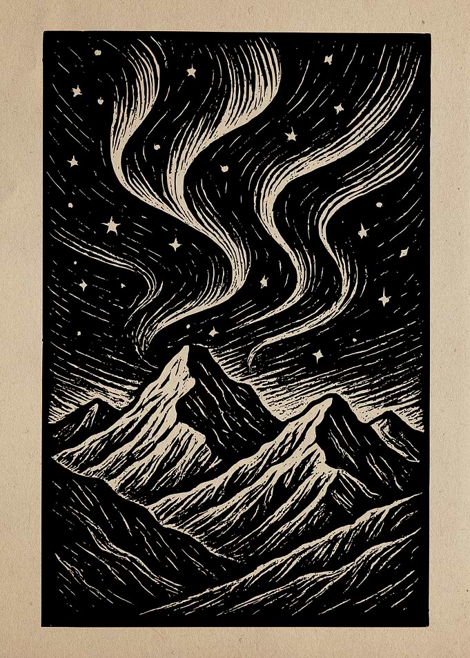 Mountain Aurora Woodcut
