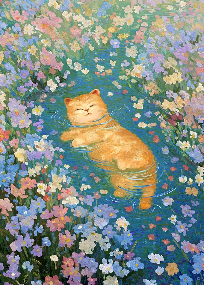 Cat in Flower Stream Painting