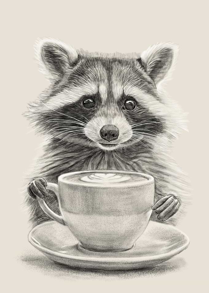 Raccoon with Coffee Cup Drawing