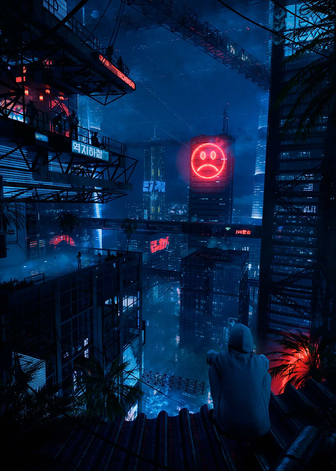 Stray - Cyberpunk Cityscape with Sad Face Neon