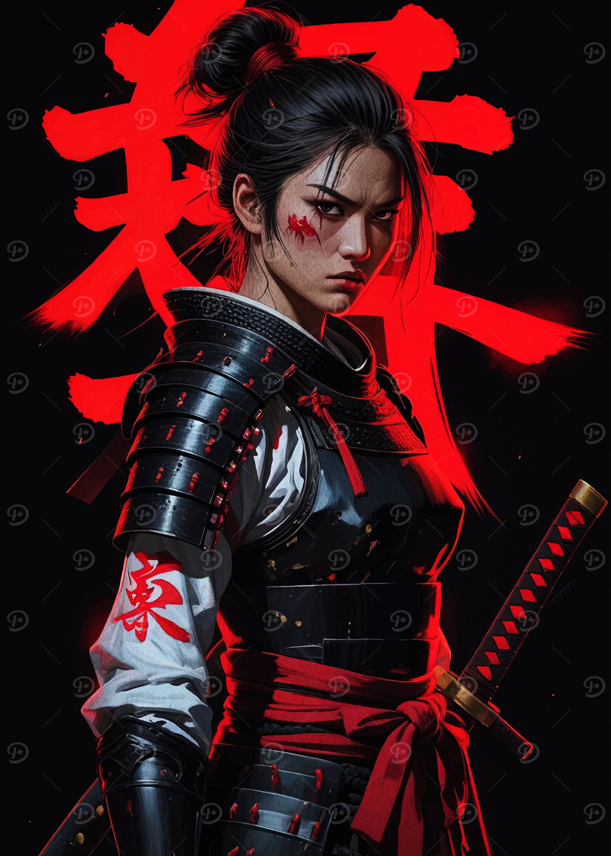 Female Samurai Warrior with Red Accents