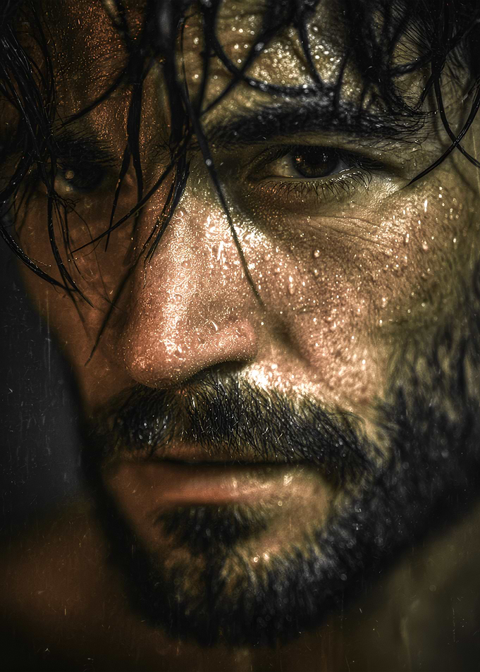 Sweaty man's intense close-up portrait