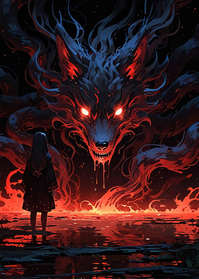 Girl Facing Fiery Wolf Monster