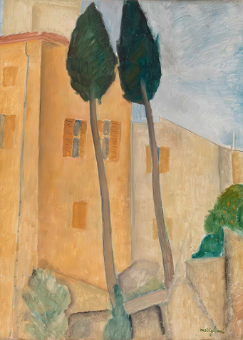 Italian Landscape Painting with Cypress Trees