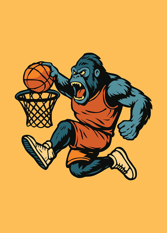 Cartoon Gorilla Dunking Basketball