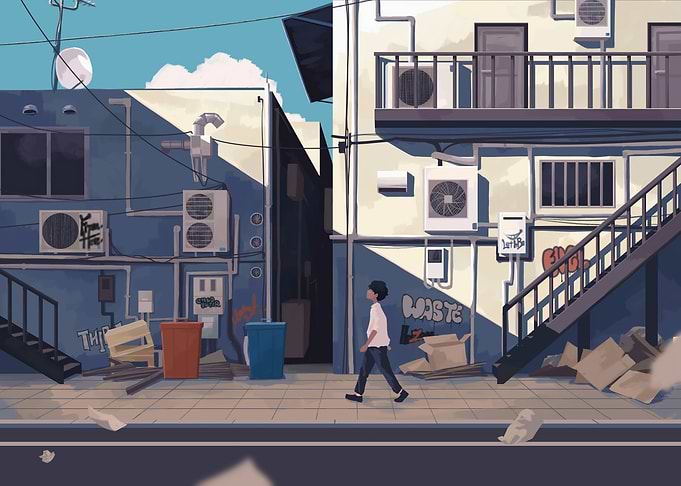 Urban Alleyway Scene with Walking Figure