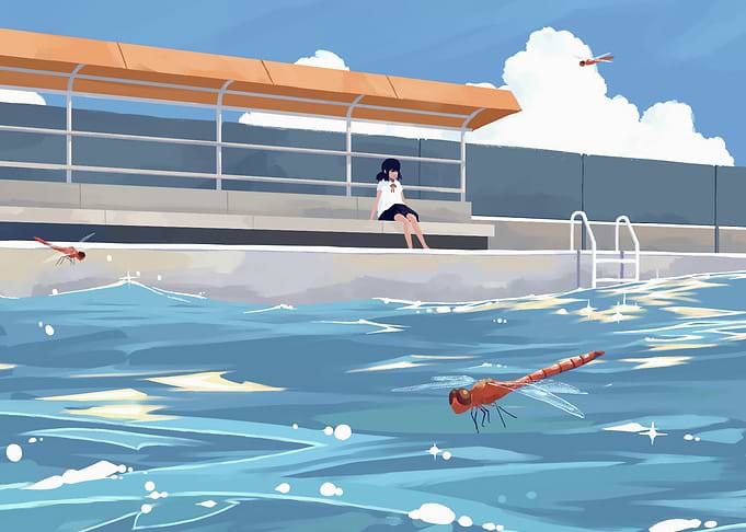 Girl by the pool with dragonflies