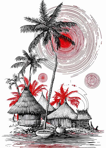 Tropical Village Ink Drawing with Red Accents