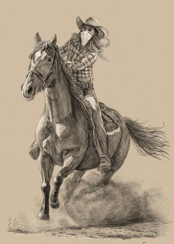 Cowgirl Riding Horse Pencil Art