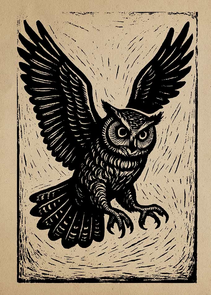 Owl in Flight Woodcut Illustration