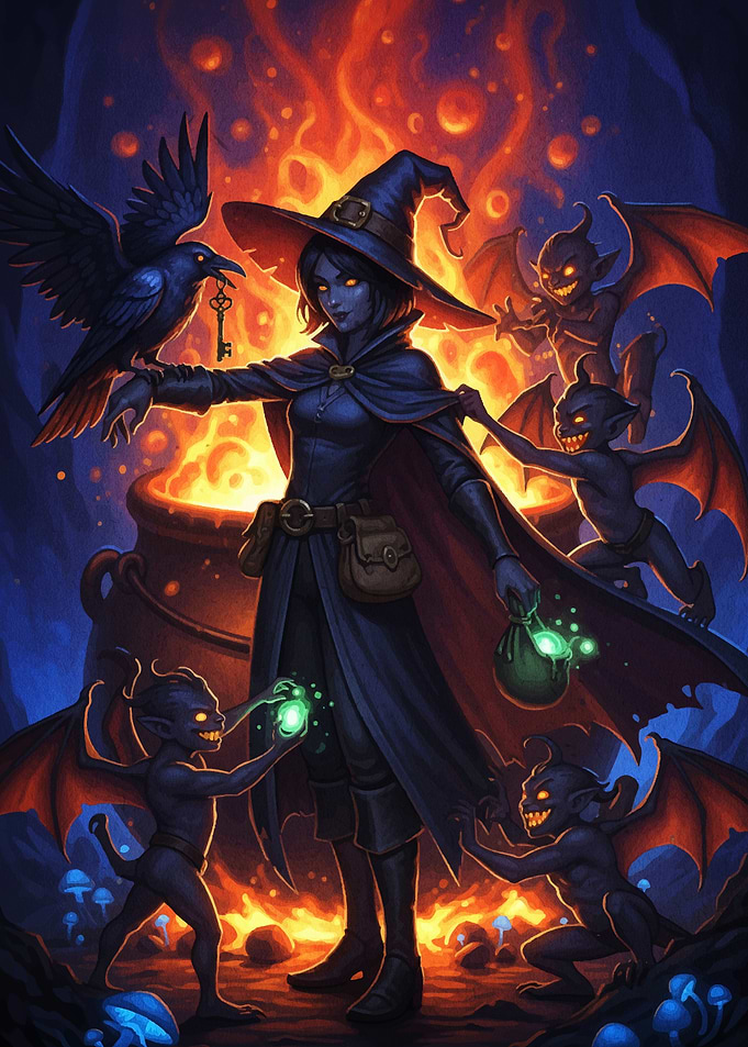 Witch with Raven and Demons