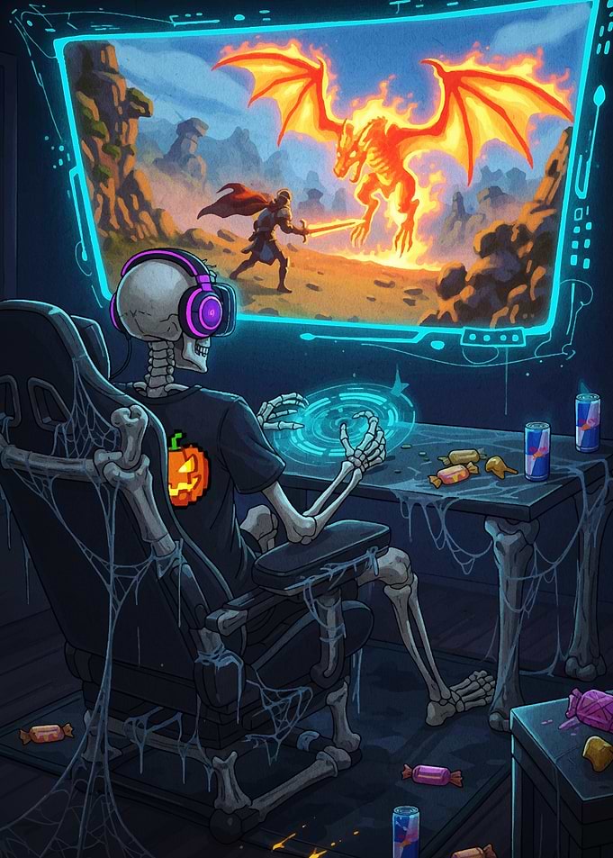 Skeleton Gamer Playing Fantasy Game