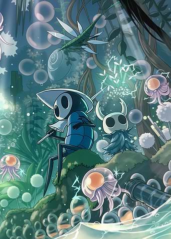 Hollow Knight characters in a mystical forest