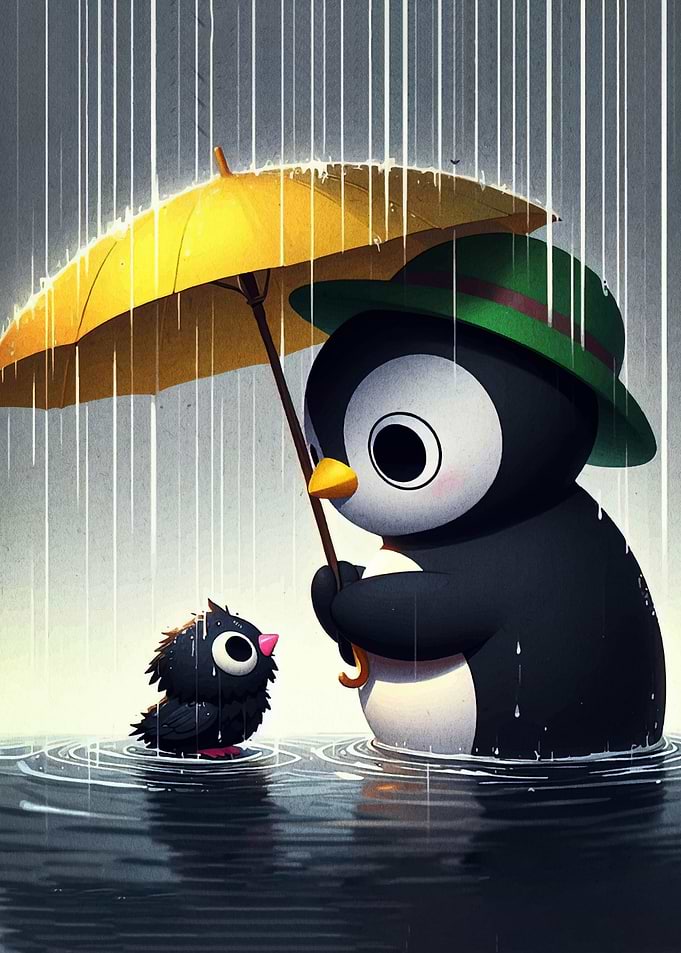 Penguin and chick in the rain