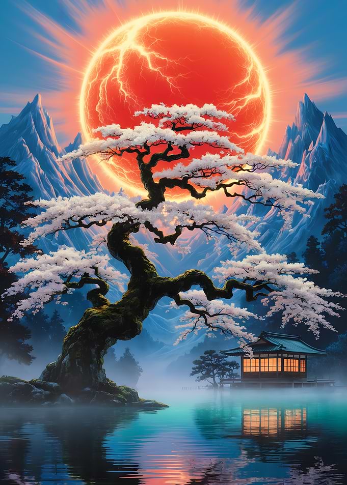 Japanese landscape with cherry blossom tree