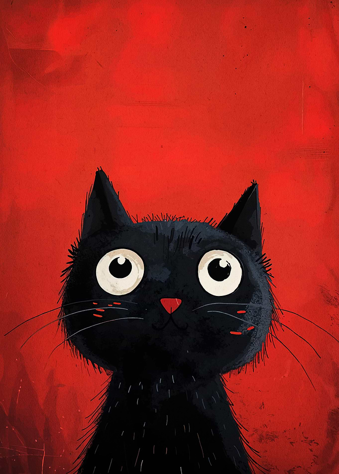 Cartoon Black Cat on Red Background
