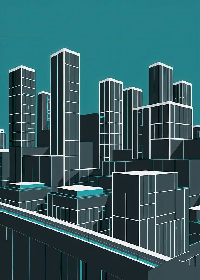Minimalist Teal City Skyline — Geometric Modern Urban Illustration