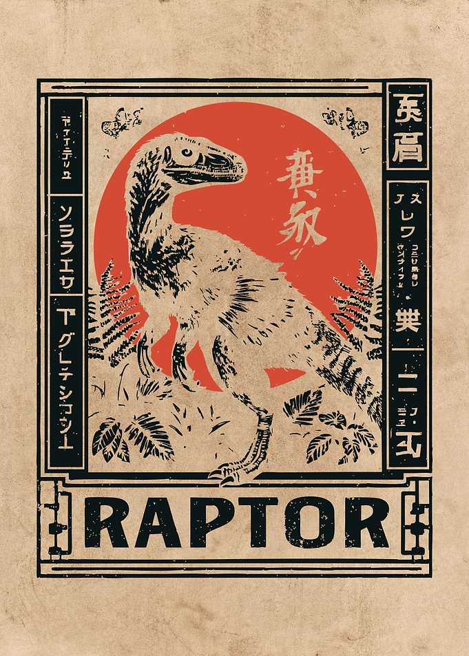 Raptor Dinosaur Japanese Art Print