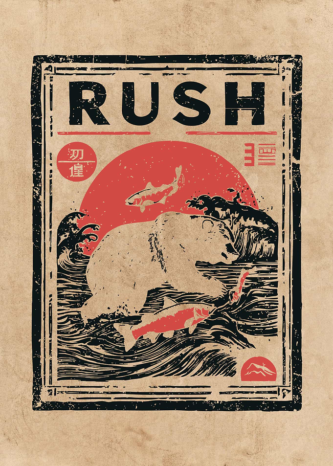 RUSH Bear Salmon Vintage Style Art