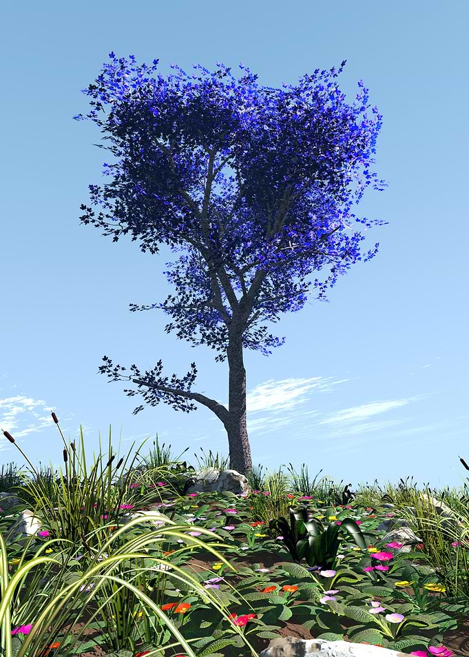 Blue Tree in a Floral Meadow