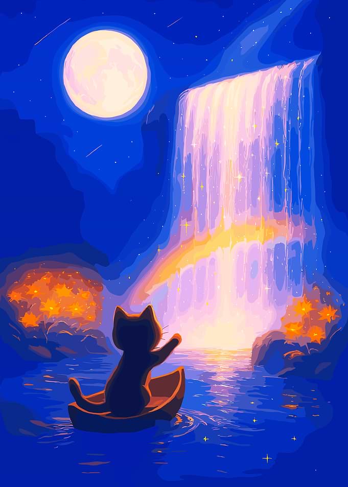 Cat on Boat at Waterfall