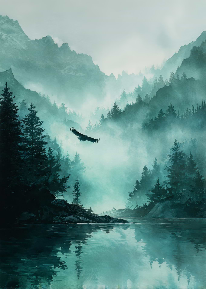 Eagle Soaring Over Misty Mountain Lake