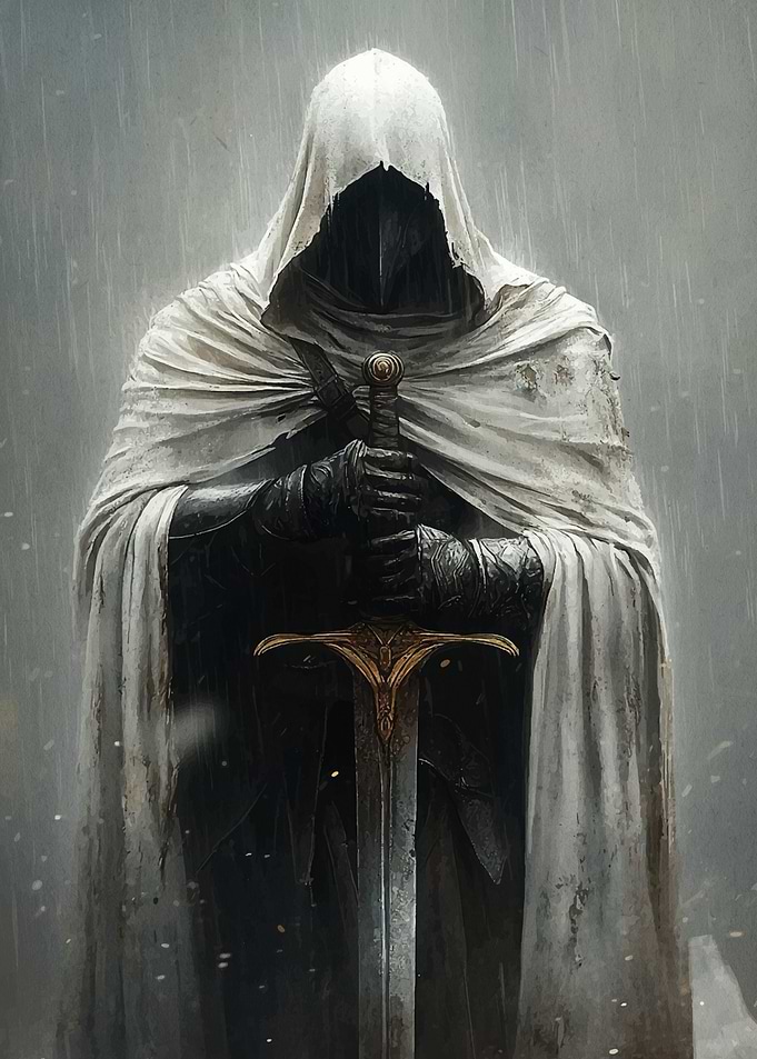 Hooded Warrior with Sword in Rain