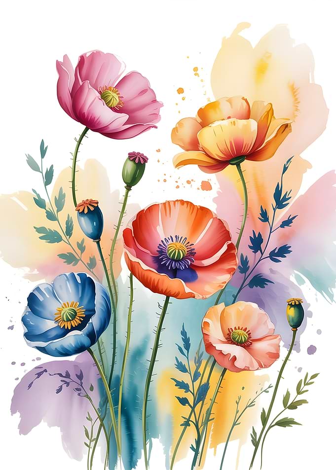 Watercolor Poppies Floral Art
