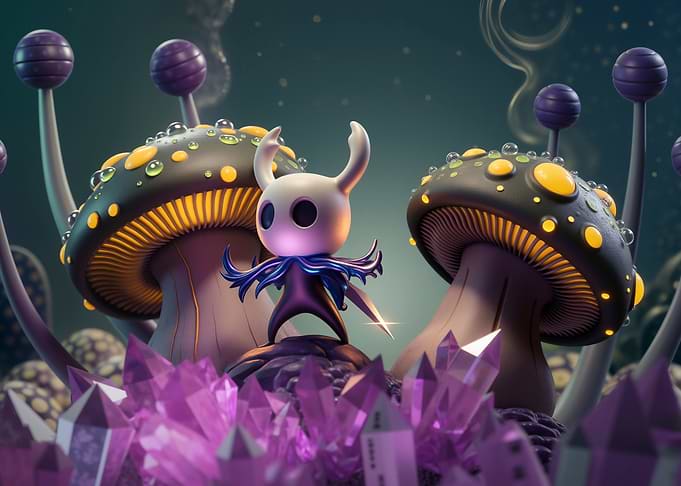 Hollow Knight in a Crystal Forest
