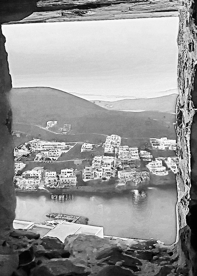 Monochrome view of an island through window