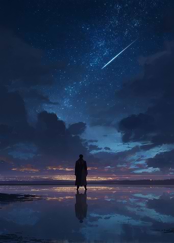 Man under starry night with meteor