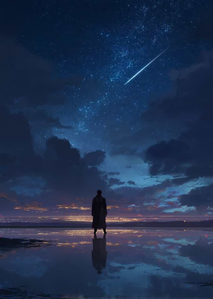 Man under starry night with meteor