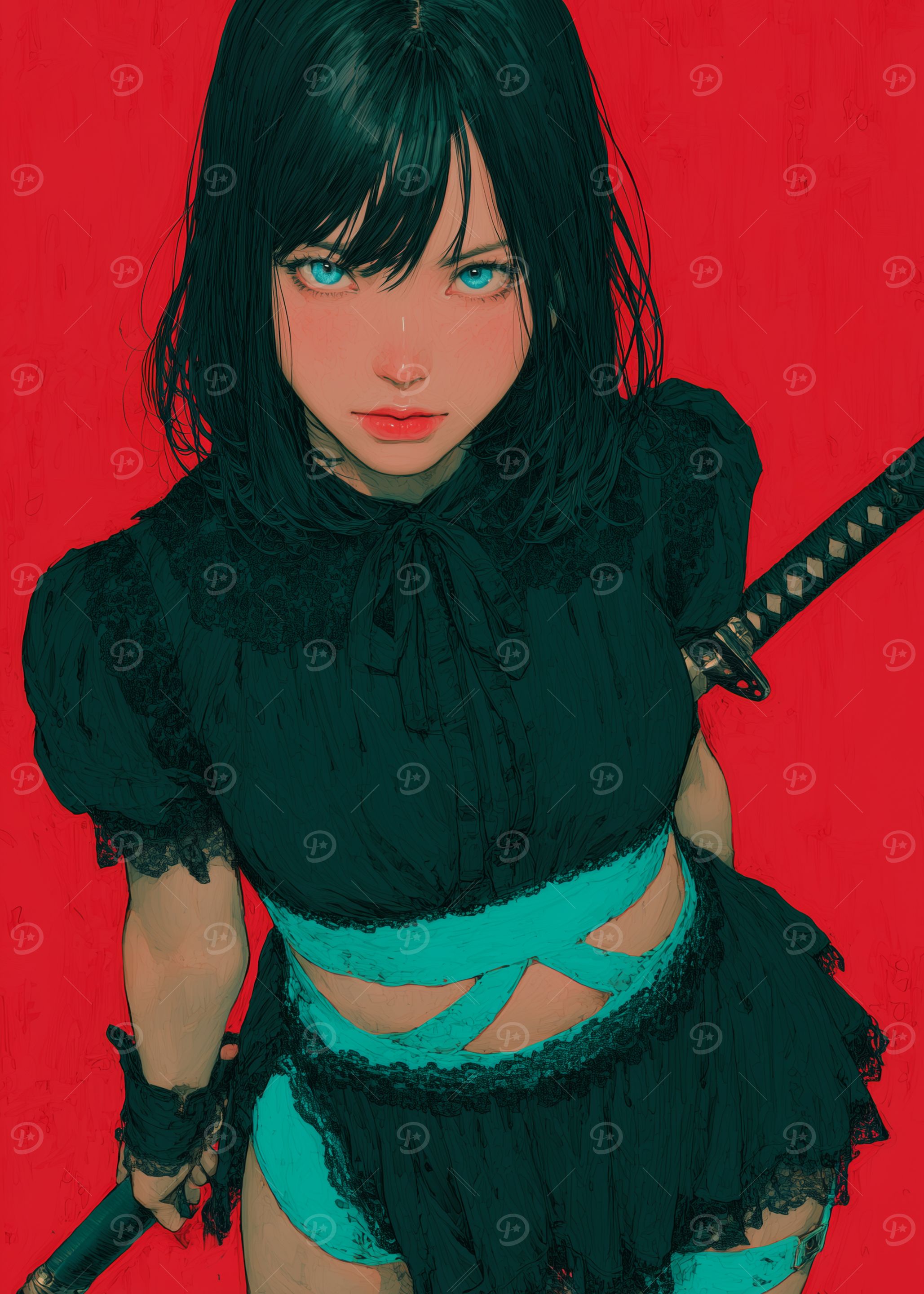 Anime Girl with Katana on Red