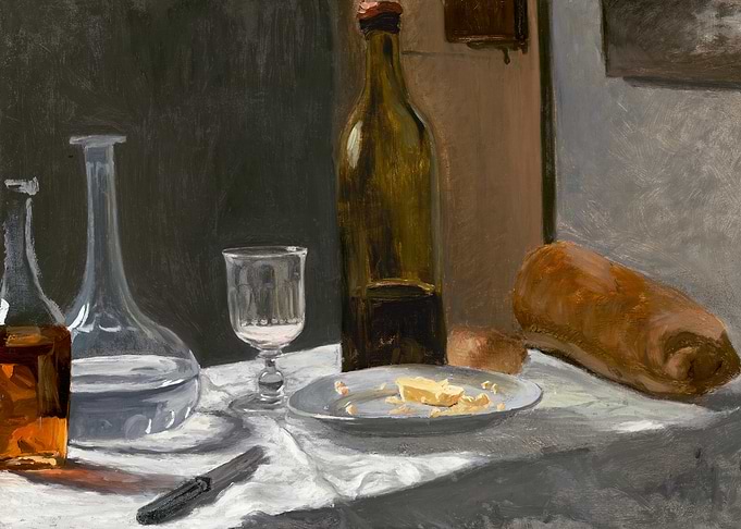 Still Life with Wine, Bread, and Cheese by claude monet