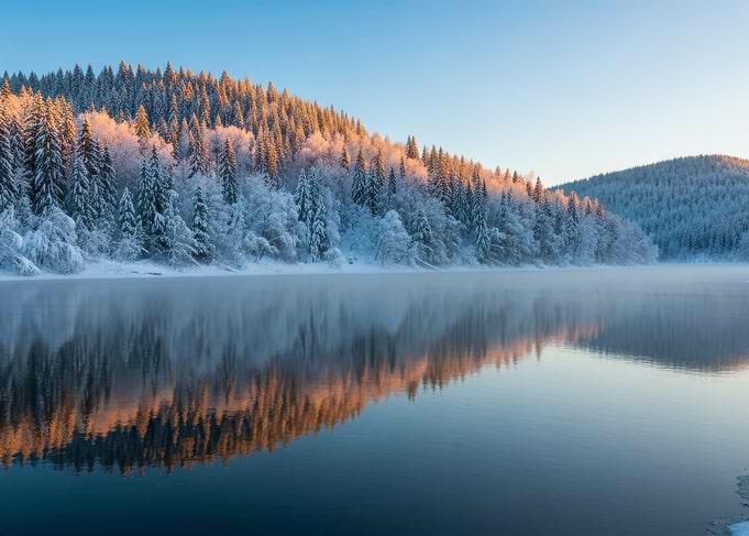 Winter landscape with lake and forest