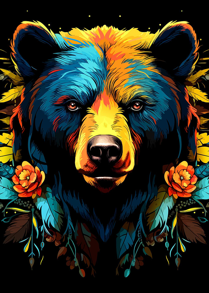 Colorful Bear Portrait with Floral Accents