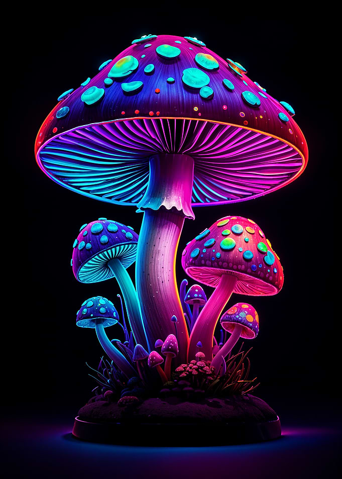 Neon Glowing Mushroom Cluster on Black
