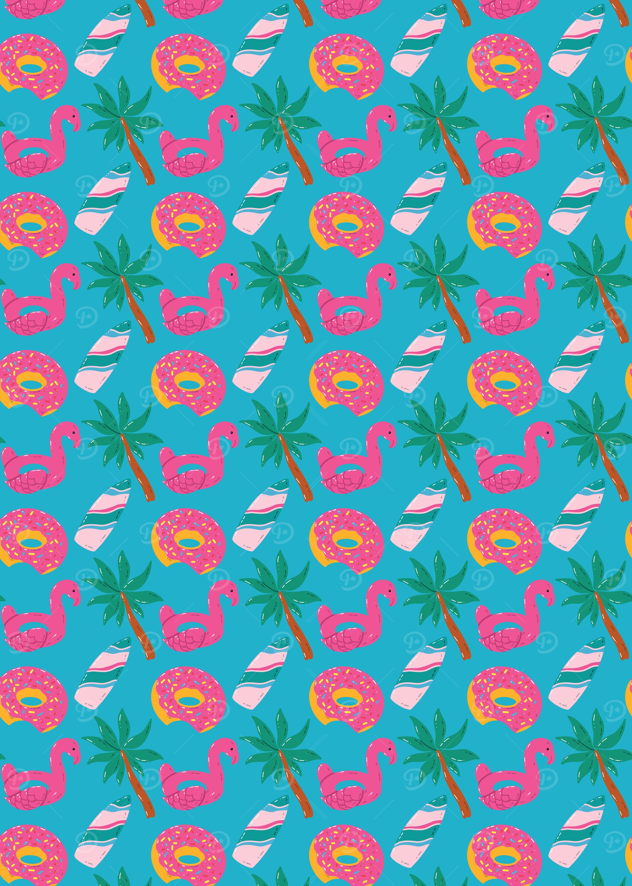 Summer Pattern with Flamingo, Donut, Palm