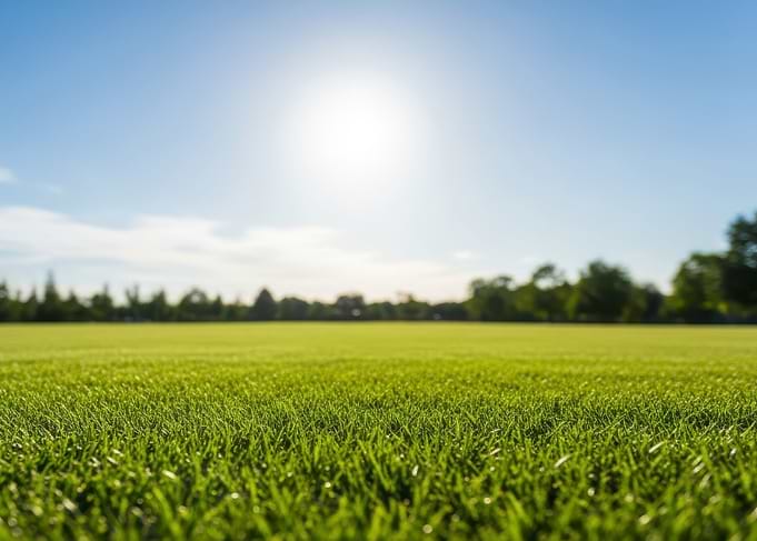 Green field under a bright sky