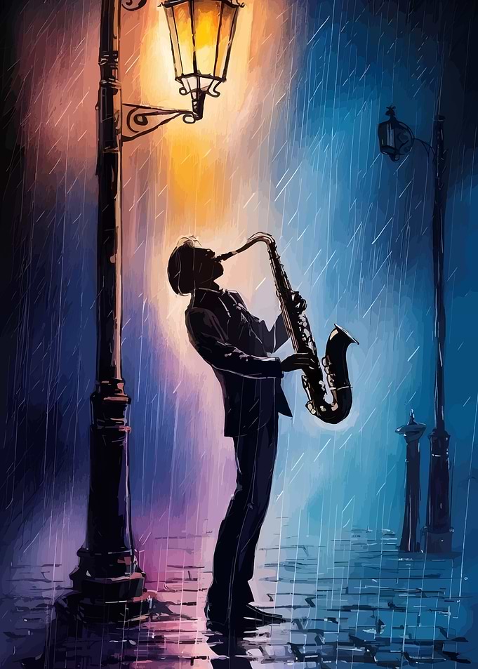 Saxophone Player in the Rain