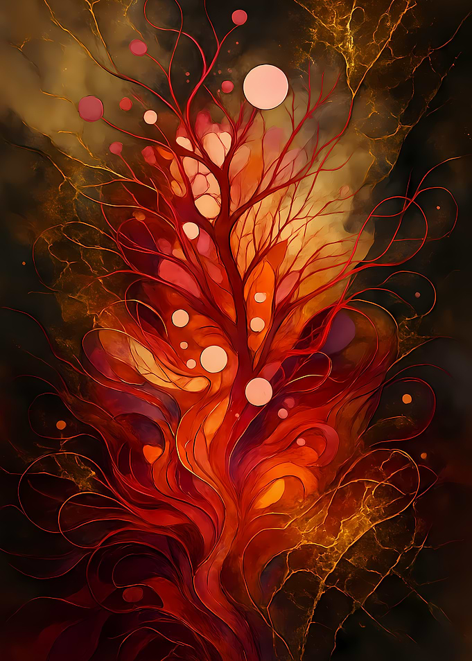 Abstract Porcelain #114 - Abstract Red Tree with Circles