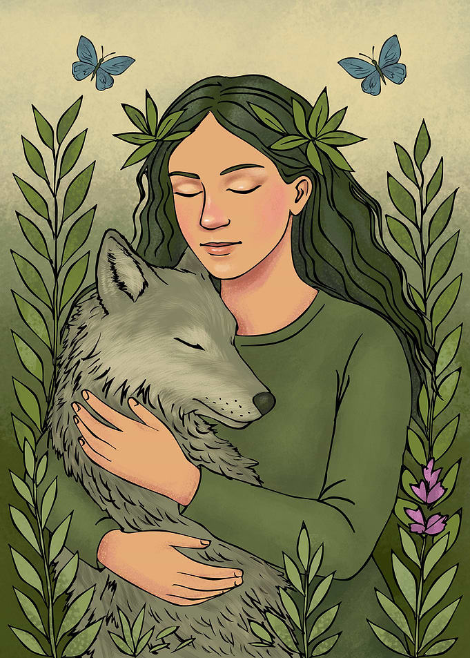 Woman embracing wolf in nature art