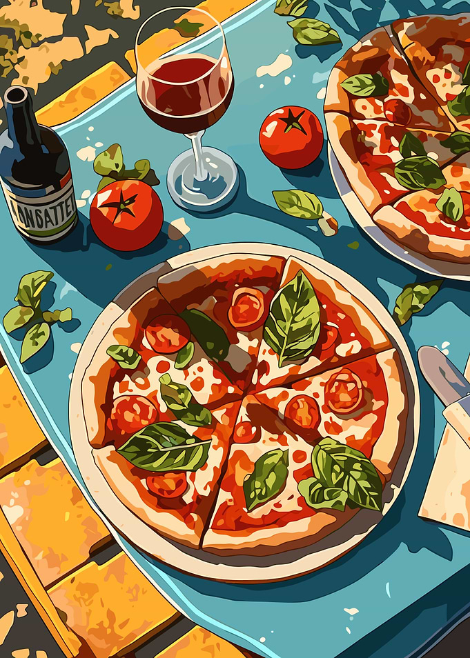 Pizza and Wine Still Life